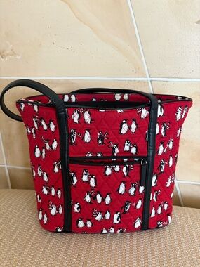 Vera Bradley Red Quilted Penguin Shoulder Bag with Black Trim
